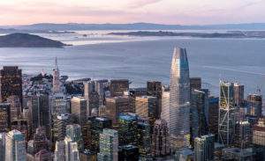 San Francisco skyline with expansive ocean and bridge in background