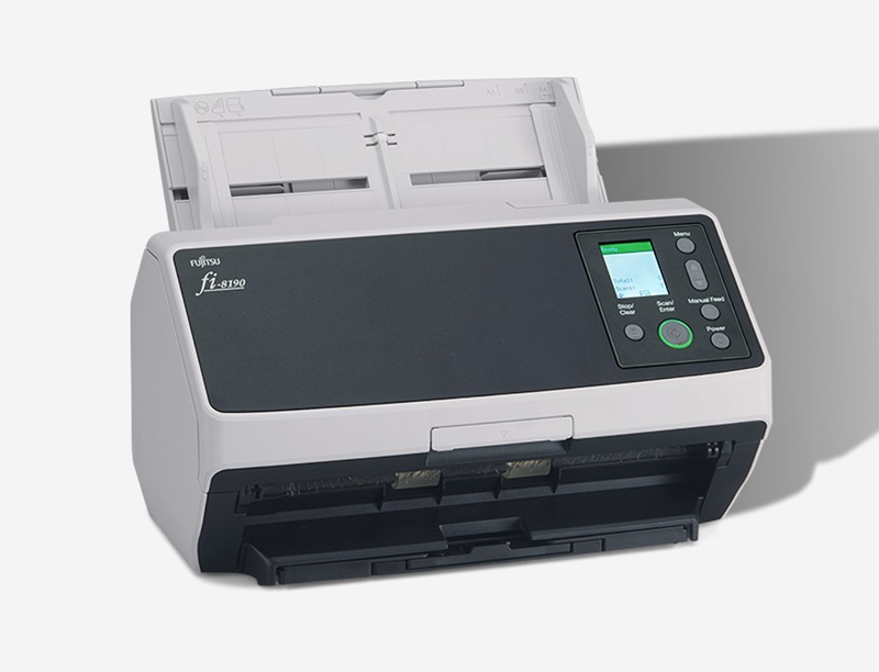 Ricoh fi-8190 image scanner with lit up color LCD display and document feeding tray.