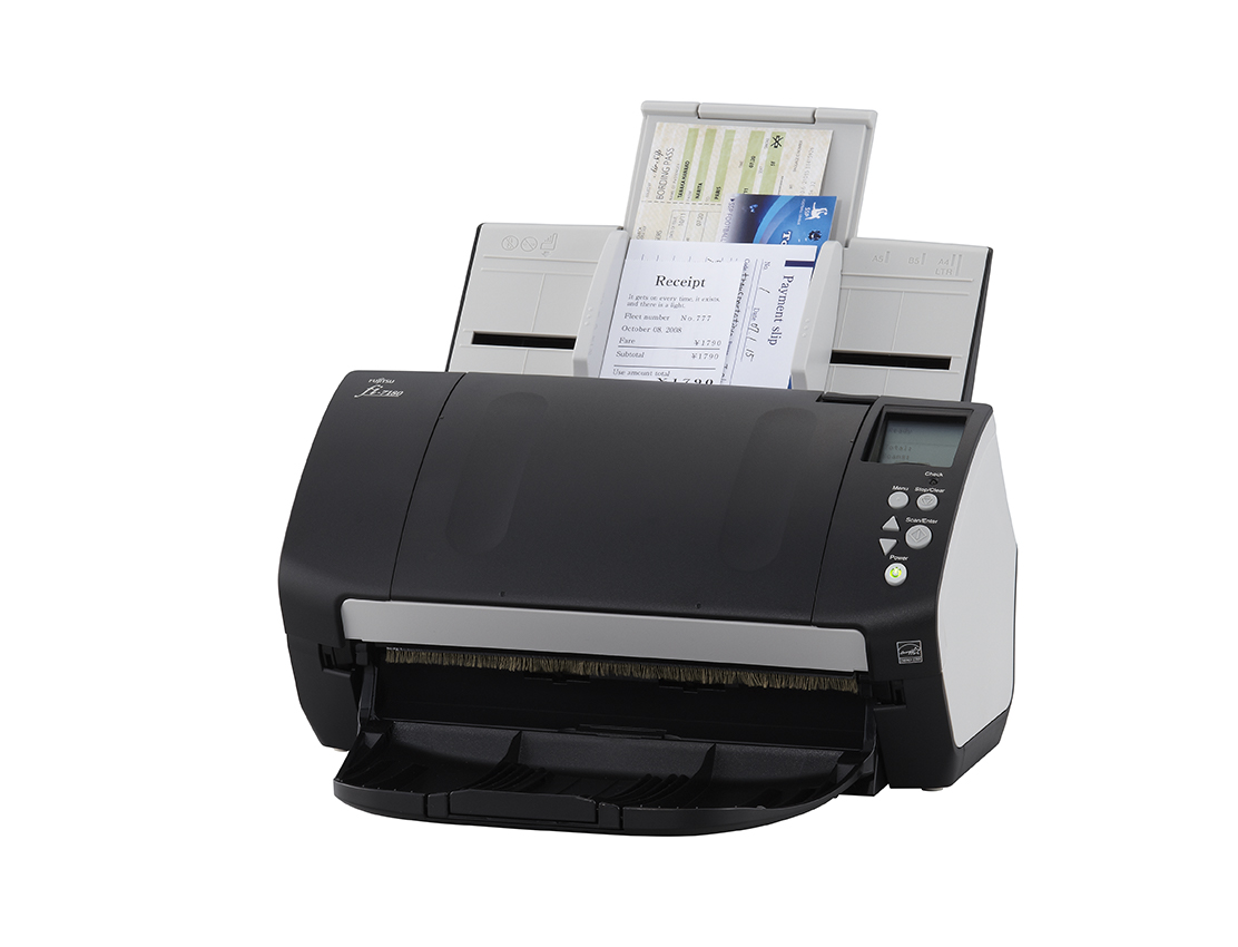 Fujitsu fi-7180 compact scanner with long receipt and other small documents loaded into feeder tray