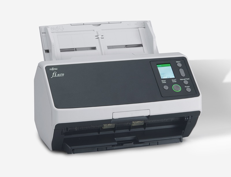 Fujitsu fi-8170 desktop image scanner with LCD display, feeding tray, and easy to use buttons
