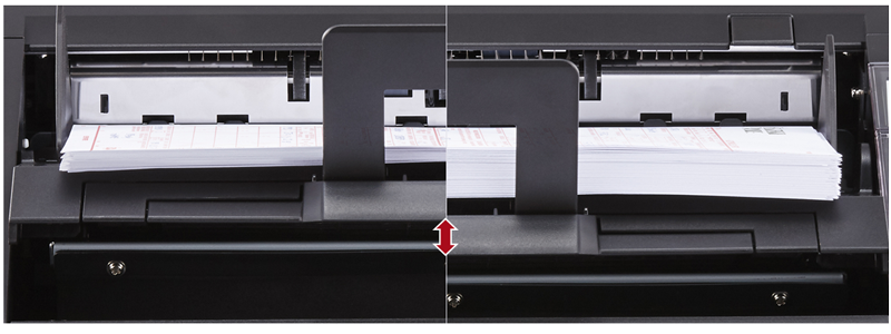 Side by side images displaying the front view of image scanner with documents stacked in a tray. The left image has fewer pages and the tray is higher, while the right image has more pages so the tray has automatically adjusted to be lower to accommodate the amount of pages.
