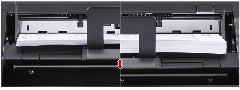 Elevator Stacker Side by side images displaying the front view of image scanner with documents stacked in a tray. The left image has fewer pages and the tray is higher, while the right image has more pages so the tray has automatically adjusted to be lower to accommodate the amount of pages.
