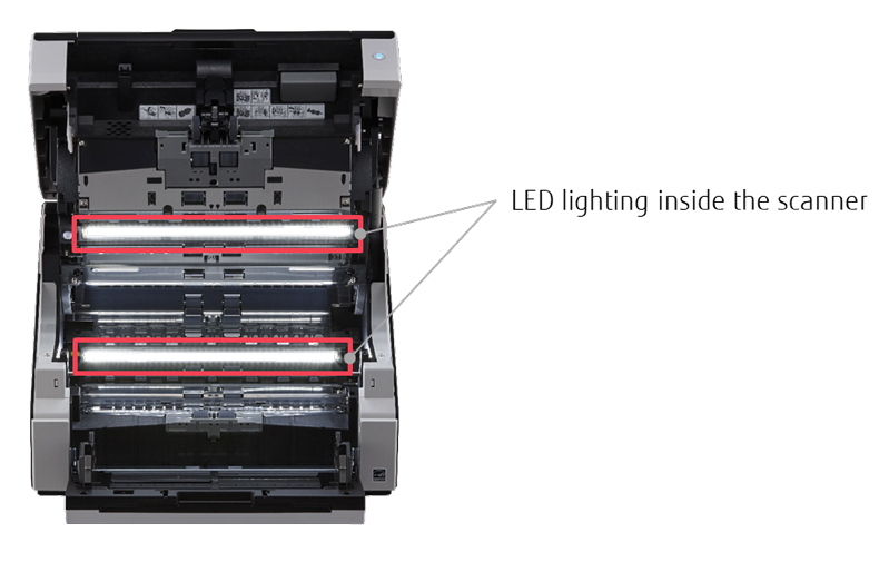 Cleaning Mode Red blocks overlaying an image of the open scanner in cleaning mode. The red boxes highlight the 2 LED lights inside of the scanner that make it easy to spot the areas inside that need to be cleaned