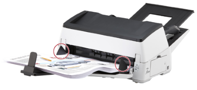 Front of image scanner with stacker guides on each side circled in red to highlight how they guide papers that are ejected out of feeder so they align and are neatly stacked