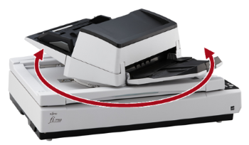 Fujitsu fi-7700 scanner with curved red line along axis highlighting how the top portion of the scanner rotates 180 degrees