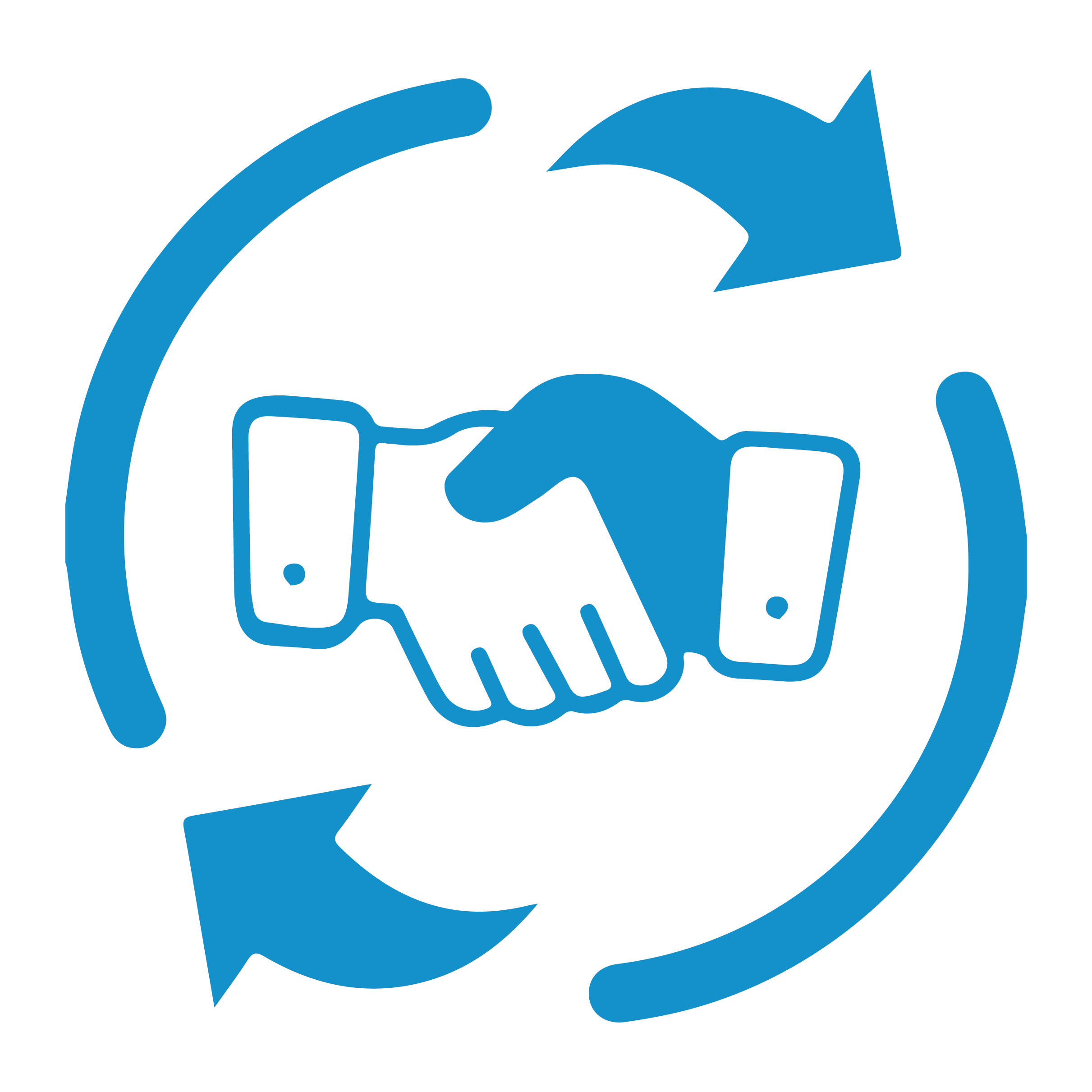 Blue arrows making a circle around two hands shaking in agreement