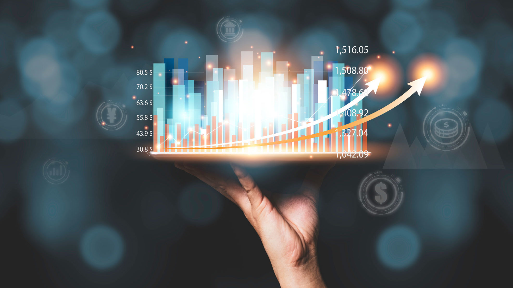 Picture of a hand holding a platform with a digital bar graph with numbers and glowing effects