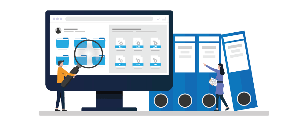 Image of computer with person using a magnifying glass to view files on a computer screen. Computer is positioned next to physical file folders with a person pointing to the different titles