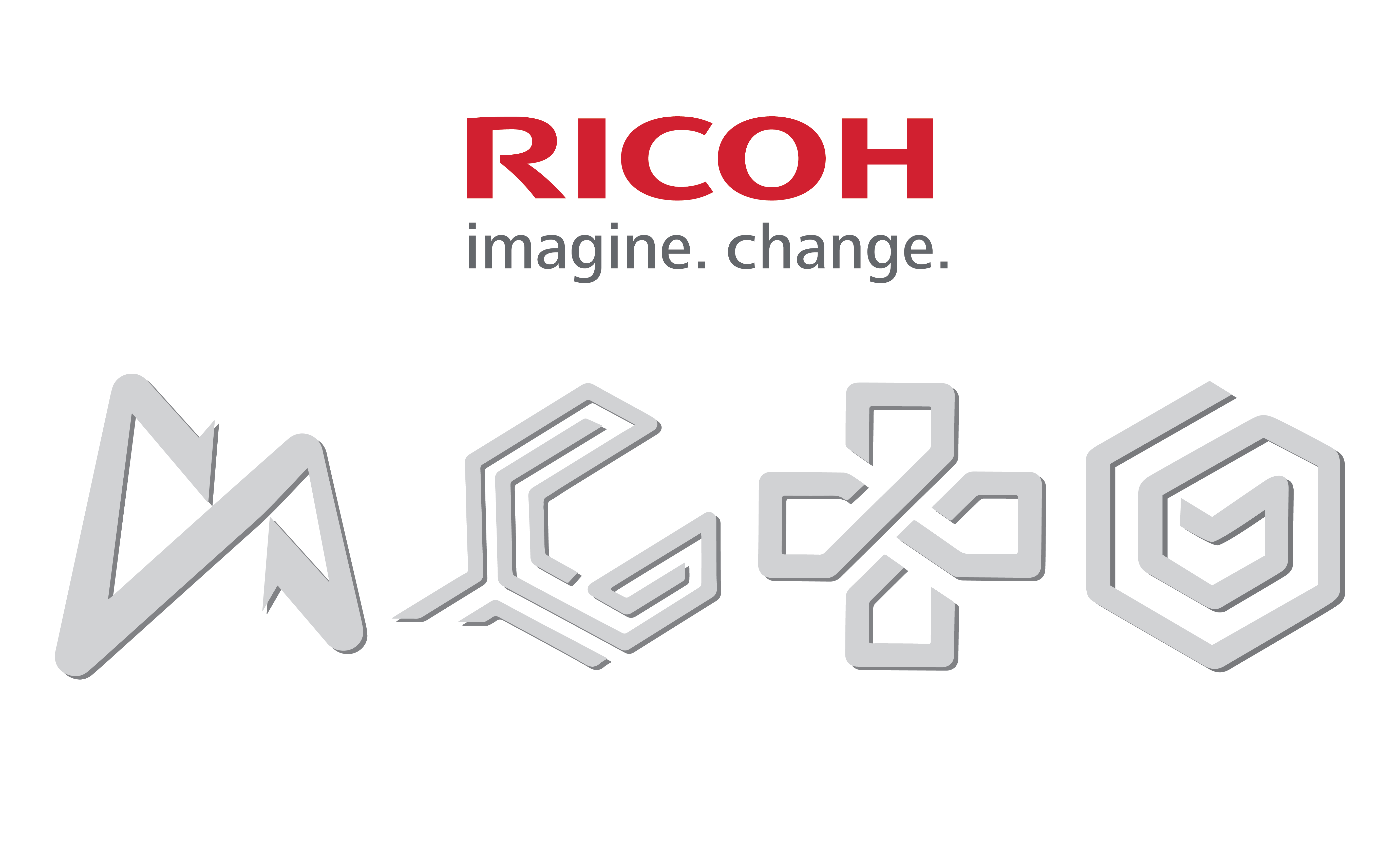 Ricoh imagine. change. logo with 3 grey colored logos depicting the 3 different maintenance plan options (Advanced Exchange, Basic, Scan Care, and Depot packages)