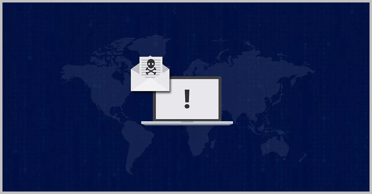 ransomware image with navy blue background with graphic of a white laptop with an exclamation mark in the middle of the screen. Raising from upper left corner of laptop is a white envelope with a skull and crossbones inside. Representing a malicious notice on the computer