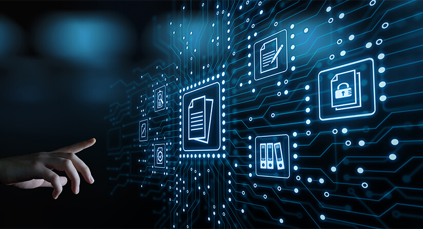 Records Management visual with digital images of documents, a padlock, and a digital signature icon